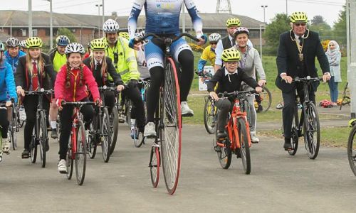 A group cycling at Fife Cycle Park